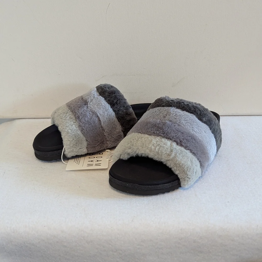ROAM Furry Striped Slides Sandals Fuzzy Comfy NEW Twilight Prism Greys 6 EU36